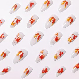 Fall Maple Leaf Press on Nails Medium Almond Fake Nails Red Yellow Maple Leaves False Nails with Glitter Designs Acrylic Nails Thanksgiving Stick on Nails for Women Nails Decoration Accessories 24Pcs