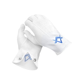 THE MASONIC COLLECTION - Masonic White Premium Cotton Gloves - White with royal blue embroidery of Square & Compass Logo - Washable & Reusable - Masonic gift for Freemason men