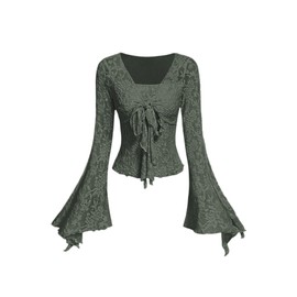 Verdusa Women's Y2K Tie Front Tops Bell Sleeve Floral Print Mesh Tops Long Sleeve Shirts 2000s Clothing Army Green X-Small