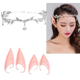 Eco-Fused Cosplay Set - Fairy, Elf, Anime Costume - Includes 1 x Leaf Headband, Rhinestone Drop Headpiece (Leaf Chain Tiara Rhinestone, Tear Drop Headpiece