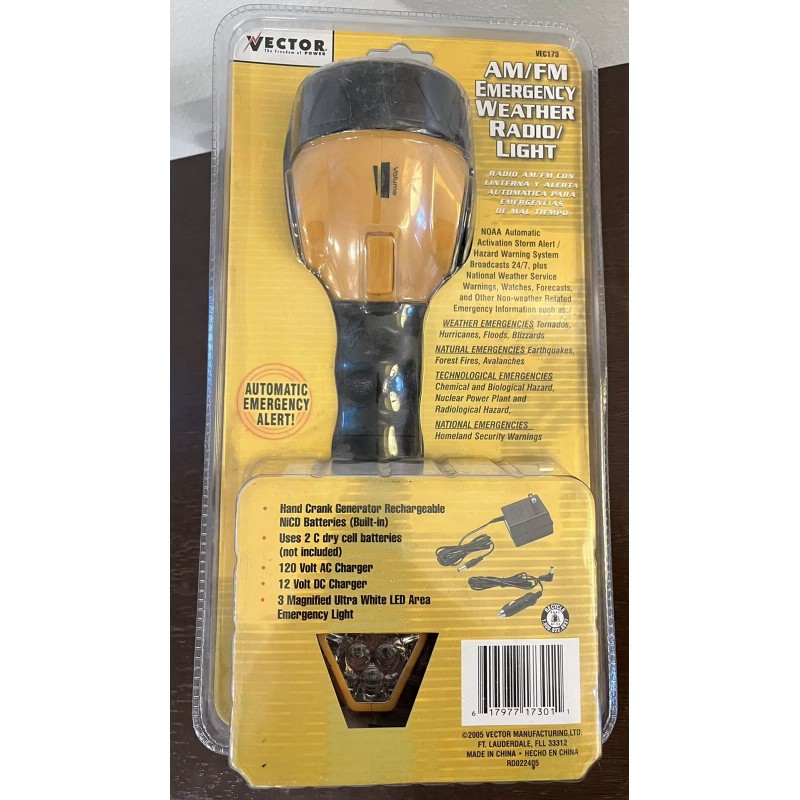 Vector AM/FM Emergency Weather Radio/Light NOAA Hand Crank Power New