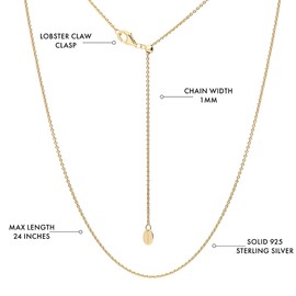 BERRICLE Sterling Silver Adjustable Slider Fashion Rolo Chain Necklace for Women 24 inch, Yellow Gold Flashed