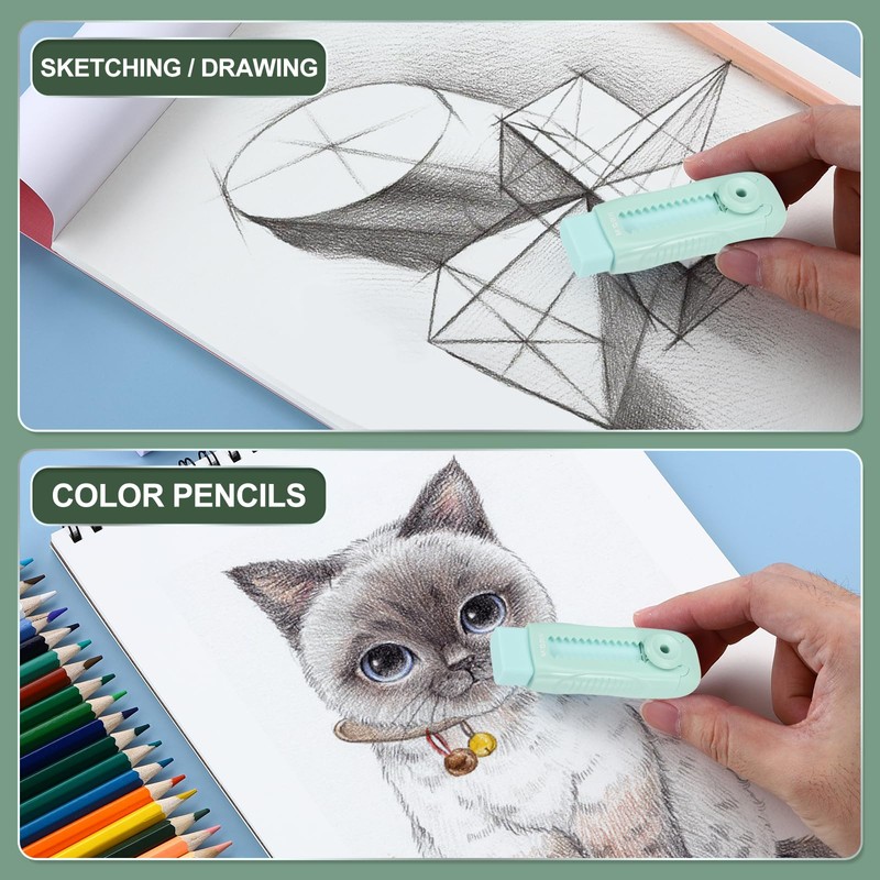 M&G 8 Pack Erasers, Green Sliding Retractable Eraser Push Pull