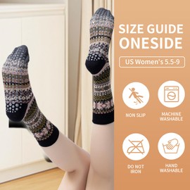 YOZHAKOU Boho Yoga Socks for Women – Non-Slip Grip High Calf Pilates Socks, Gym & Home Exercise.Checked pattern.（grey）