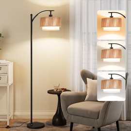 SUNMORY Floor Lamps for Living Room with 12W LED Bulb, Arc Floor Lamp with 3 Color Temperatures, Farmhouse Floor Lamps with Adjustable Rattan & Fabric Shades, Boho Standing Lamp for Bedroom, Corner