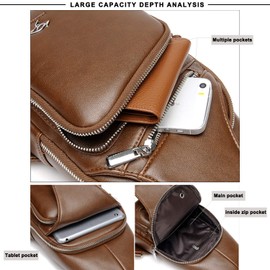 QXuan Men's Sling Bag Vintage Genuine Leather Backpack Purse Anti-theft with USB Charging Port and Headphone Hole,Small Chest Shoulder Bags Daypack for Outdoor Casual Sport Travel (Black 2)