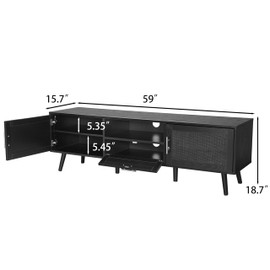 Finnhomy 59 Inch Boho TV Stand for up to 70 inch TV, TV Console with 2 Hand Made Rattan Decorated Doors, Living Room Entertainment Center TV Table with Storage, Black