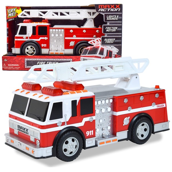Sunny Days Entertainment Maxx Action Large Fire Truck – Lights and Sounds Vehicle with Extendable Ladder | Motorized Drive and Soft Grip Tires | Firetruck Toys for Kids 3-8