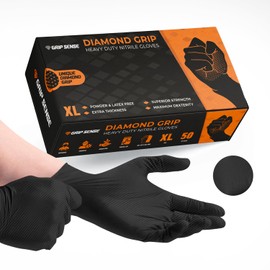 GripSense Nitrile Gloves (Pack of 50) - High Density Diamond Grip Black Gloves - Latex & Powder Free Black Nitrile Gloves X Large - Mechanic Gloves Extra Thick & Super Strong - Max Dexterity L5