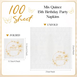 Kosiz 100 Pcs Mis 15 Quince Girls 15th Birthday Party Cocktail Napkins Unfolded 9 x 9 Inch 3 Ply Quinceañera Disposable Decoration Paper Table Supplies for Quinceañera Party Favors Guests, Gold