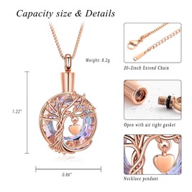QGJNSGC Urn Necklace for Ashes Tree of Life Cremation Jewelry Ring Stainless Steel Heart Memorial BirthStone Keepsake Urn Ash Pendant for Men Women Gifts, Stainless Steel, Cubic Zirconia