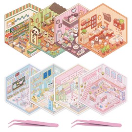 8 Sets DIY 3D Sticker Scene, 3D Stickers for Children, Cute Kids Stickers, Small Kawaii Stickers for Girls Kids Adults, Childrens Stickers for Relief Stress(with 2 Tweezers)