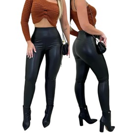 ChicMe Womens Stretch Faux Leather Pants High Waist Curved Fleece Lined Tights Pants PU Leather Leggings (US, Alpha, X-Large, Regular, Regular, Black)