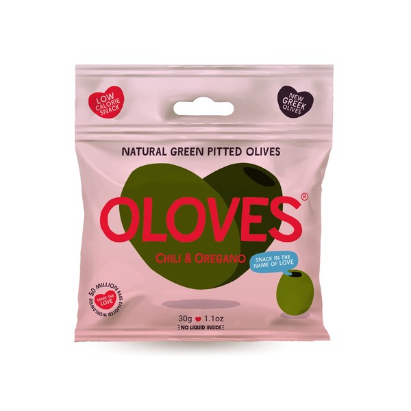 OLOVES Green Greek Pitted Olives | Chili & Oregano | Vegan, Kosher, Gluten Free + Keto Friendly, Fresh, All Natural Low Calorie Healthy Snacks | (30 Pack, 1.1oz Bags)