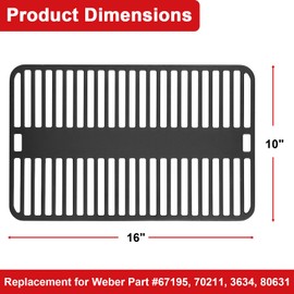 DELSbbq 80631 Cast Iron Cooking Grate for Weber Go-Anywhere, Grill Grate for Charcoal and Gas Go-Anywhere Grills, 16" x 10" Grill Grid for Outdoor Camping BBQ, Replacement for Weber 70211 3634 67195