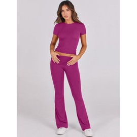 ANRABESS Lounge Sets for Women 2 Piece Foldover Yoga Flare Leggings Pants Crop Tops Casual Y2K Outfits Matching Tracksuit Set Hot Pink Large