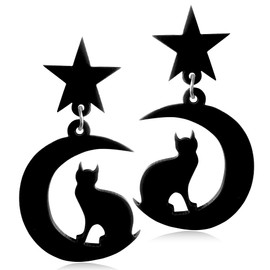 Unique Cute Chic Acrylic Cat Moon Dangle Drop Earrings Hypoallergenic Moon Star Stud earrings for Women Statement Jewelry Gifts (Black)