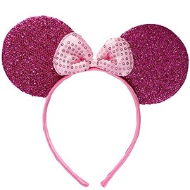 Sparkly Mouse Ears with Bow on Headband/ Aliceband.Hair Accessory-Bright Pink by Inca