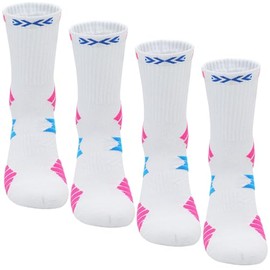 Dress Cici Men's Athletic Cushion Crew Socks, Cushioned Basketball Socks with Color Stripe (2 Pack: 2 White with Rose Red)