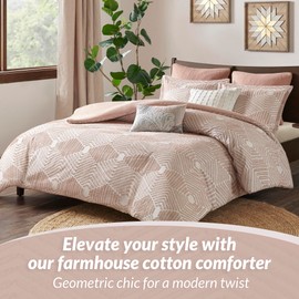 INK+IVY King Comforter Set Geometric Cotton Comforters Farmhouse with Clipped Jacquard, All Season, Down Alternative Lightweight & Fluffy Bedding, Matching Shams, Ellipse, King/Cal King, Blush 3 Piece