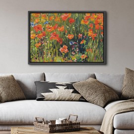 SIGNFORD Framed Canvas Print Wall Art Wild Poppy Field Lush Impressionist Landscape Illustrations Modern Art Minimal Relax/Calm for Living Room, Bedroom, Office - 24"x36" Black