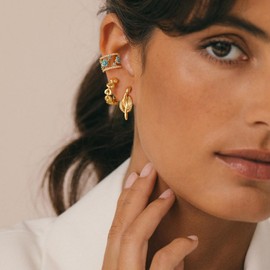 MYEARS Women Ear Cuff Earring Gold Non Pierced Cartilage Clip on Open Wrap Trio Flower Hoop Turquoise Cubic Zirconia 14K Gold Plated Simple Hypoallergenic Everyday Jewelry