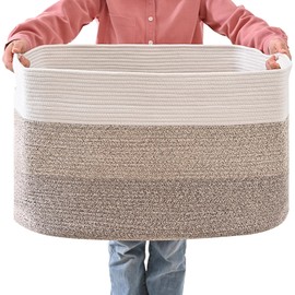 ICERZCZ Extra Large Blanket Basket Living Room, Rectangle Storage Basket, Large Woven Baskets for Storage, Cotton Rope Basket for Toys, Clothes, Gradient Brown - 25”x16”x16” (105L)