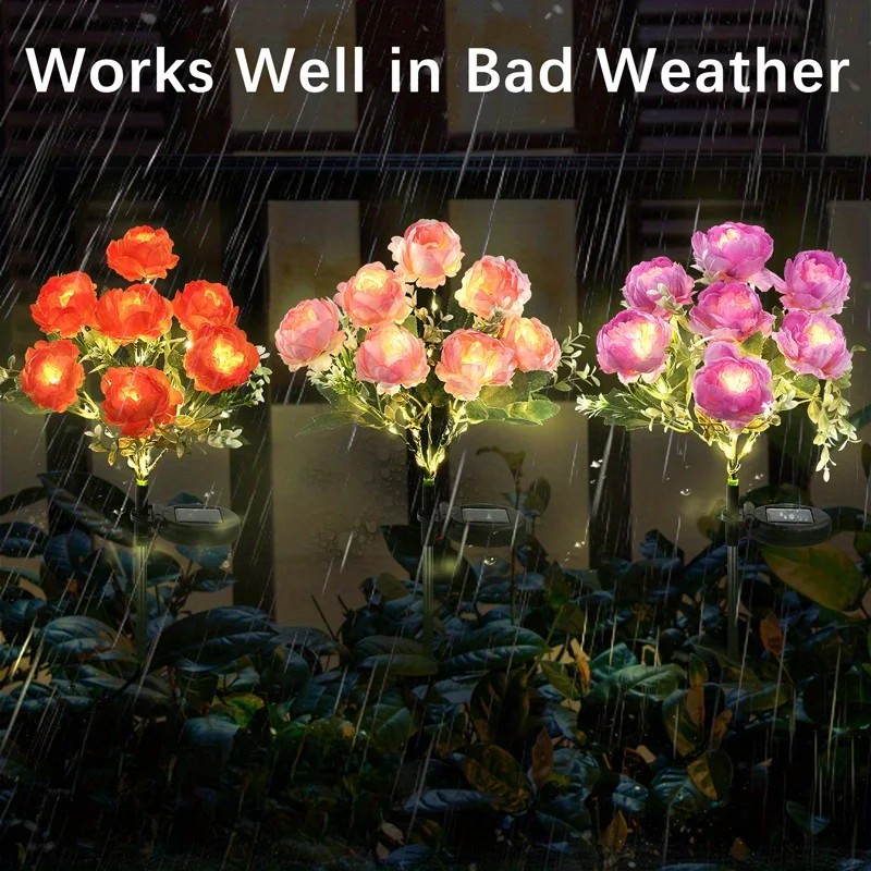 2pcs Solar-Powered Peony Flower Light, IP65 Waterproof, 14 Fancy Lights