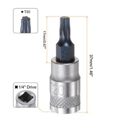 sourcing map Torx Bit Socket T20 Solid Star 1/4" Drive 1.46" Length S2 Steel Bit CR-V Socket for Ratchet Wrench, Slide Bar, Extension Rod