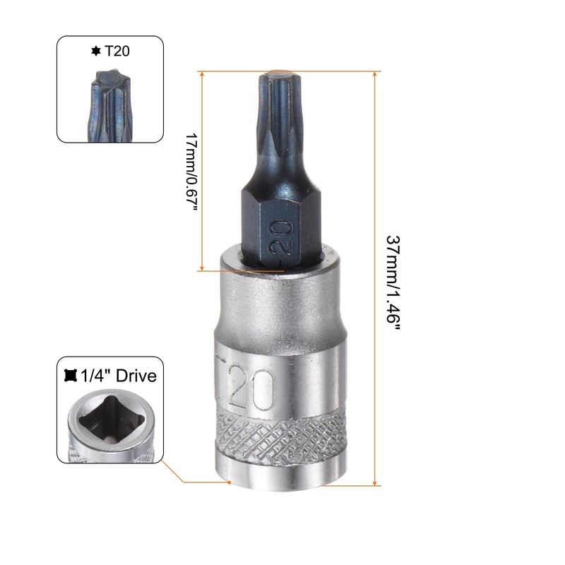sourcing map Torx Bit Socket T20 Solid Star 1/4" Drive