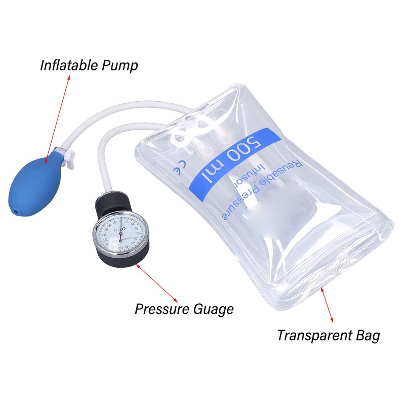 500ml Pressure Infuser Bag with Gauge and Pump Transparent Hospital