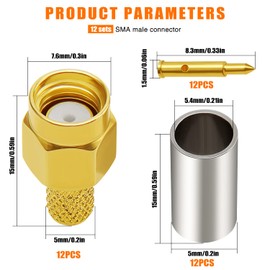 KUOQIY 12pcs SMA Male Crimp, SMA Male Crimp Gold-Plated RF Connector, for RG58 / RG400 / RG142 / LMR195 Cable