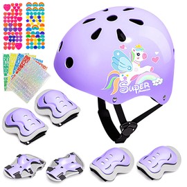 FALUCKYY Kids Bike Helmet,Unicorn kids Helmet-Knee & Elbow Pads Wrist Guards,7PCS Kids Helmet and Pads Set,Snow Ski Helmet Skateboard Helmet Scooter Helmet for Cycling Roller Skating(Purple)