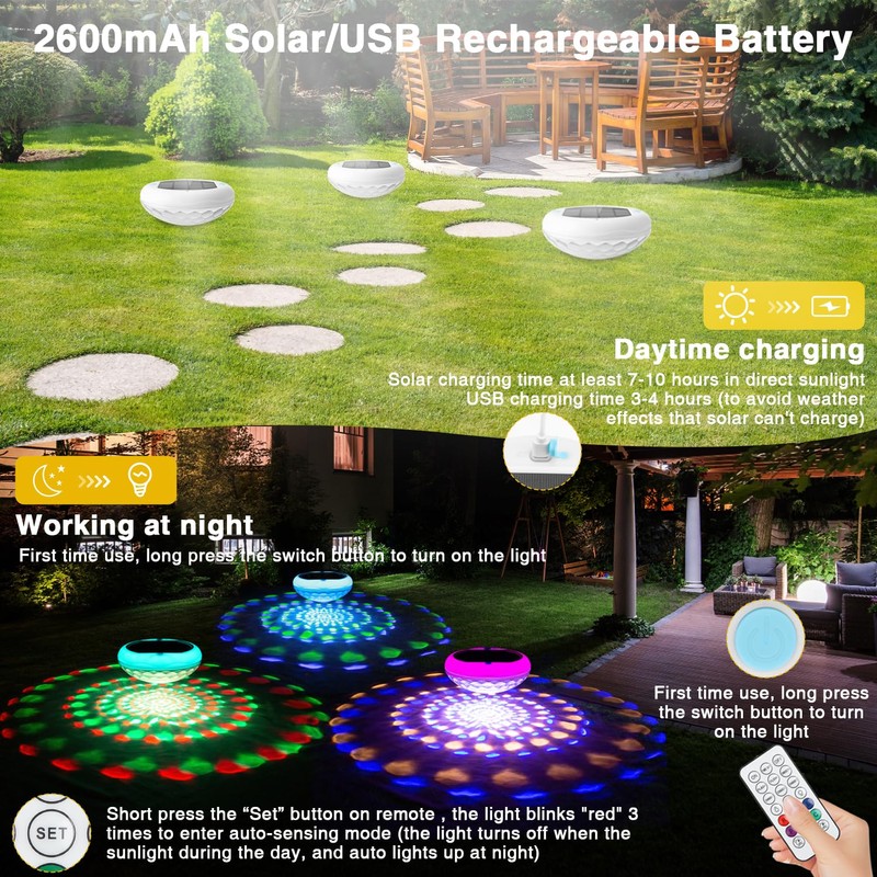QOLNBY 2-in-1 Solar Powered USB Rechargeable Floating Pool Lights, 6.69