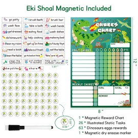 EkiShoal Dinosaurs Kids Chore Chart Magnetic Set - 5 in 1 - Reward Chart for Kids, Good Behavior Chart for Kids at Home, My Responsibility Chart for Kids - Large