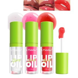 3 Colors Lip Oil Lip Glaze,Tinted Lip Gloss,Hydrating Lip Glow Oil Lipgloss,Shiny Transparent Pink Lip Stain Tint Fat Lip Oil,Long Lasting Non-sticky Clear Glow Reviver Lip Care Oil for Women-1+2+5