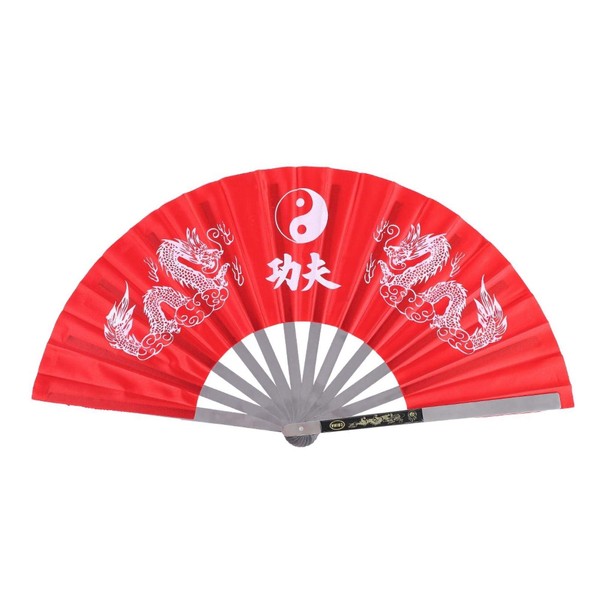 Chinese Kung Fu Tai Chi Fan Stainless Steel Folding Fan Dragon Hand Fan for Training Performance (Red)