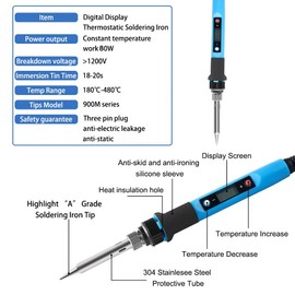 TriLine 80W Display Soldering Iron Kit Adjustable Temperature Welding Tool, ON/Off Switch, 5 Extra Tips, Desoldering Pump, Solder Wire, Wire Stripper Cutter, Tweezer, Solder Wick, Ceramic heater,Stand