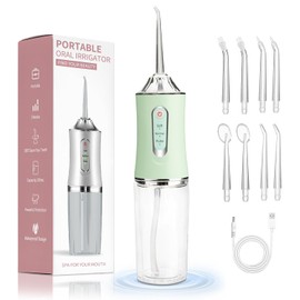 Irrigador Bucal Portátil Recargable, 3 Modos y 8 Boquillas Especializadas, Limpieza Profunda, IPX7 Impermeable, para Viajes, Familia y Uso con Brackets(Verde)
