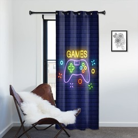 YongFoto 117x229cm Video Game Curtains for Gaming Room Fluorescence Gamepad Pattern Brick Wall Fantasy World Window Drapes for Kids’ Room, 1 Panel Drape Home Set