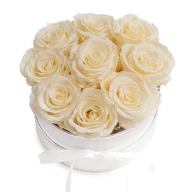 Rose Box Pink Round Infinity Roses - Flower Box 8 Real Roses Durable 3 Years Diameter 15 cm - Gift for Women (White Champagne)