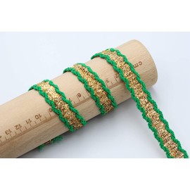 Feathers Creation 3 Meters 15 MM Beautiful Color with Gold Zari in Center Braided Lace Craft Embellishment Decoration,sew on or Christmas Decoration (Green)