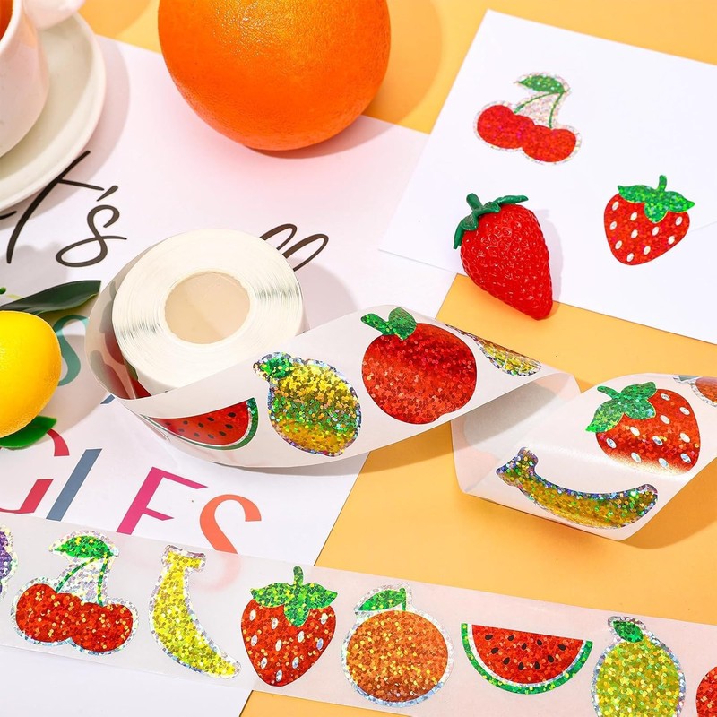 HEYTRCO 500Pcs Glitter Fruit Stickers Roll, 12 Holographic Sparkle Designs