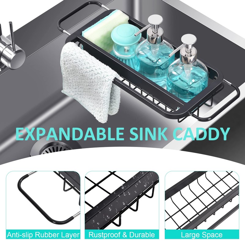 TOOLF Expandable Sink Caddy with Dish Towel Bar, Adjustable Over-The-Sink