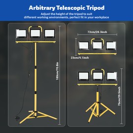 30000 Lumen LED Work Lights with Stand, Portable 3 Head Work Light with Adjustable and Foldable Tripod Stand, IP66 Waterproof Tripod Worklights for Workshop Garage Construction Site Lighting