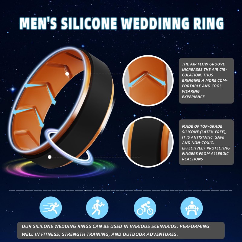 Silicone Wedding Rings for Men 1/4/5/6/7 Multipack of Breathable Airflow