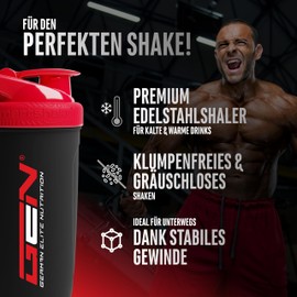 German Elite Nutrition (GEN) - Shaker Reforce Stainless Steel - Black, 700 ml - Leak-Proof - Measurement Units Engraved Inside - Free from BPA & DEHP