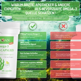 NORSAN Premium Omega 3 Vegan Capsules 80 Pieces / 1,700 mg Omega 3 per Daily Dose / Vegan Algae Oil Capsules with 420 mg EPA & 840 mg DHA/Omega 3 Algae Oil from Sustainable Cultivation