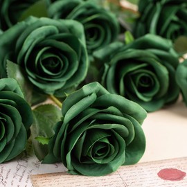 DuHouse 10pcs Fake Roses Artificial Silk Flowers Faux Rose Flower Long Stems Bouquet for Arrangement Wedding Centerpiece Party Home Kitchen Decor (Dark Green)