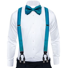 DiBanGu Teal Bow Tie and Suspenders for Men 6 Clips Adjustable Y-shape Braces Plaid Pocket Square Cufflinks